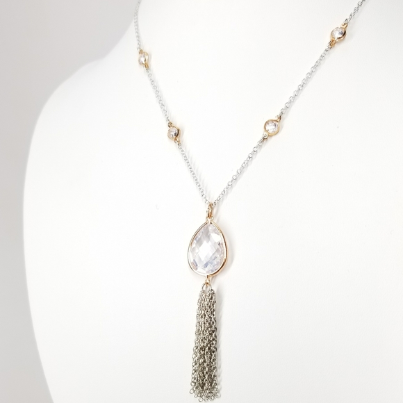 Two Tones Pear CZ by the yard Tassel Necklace - Picture 6 of 8